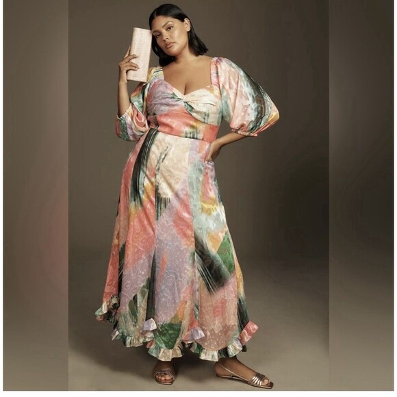 NWT HUTCH Twist-Front Printed Puff-Sleeve Ruffle-Hem Dress Sz XL Pink - Picture 1 of 10